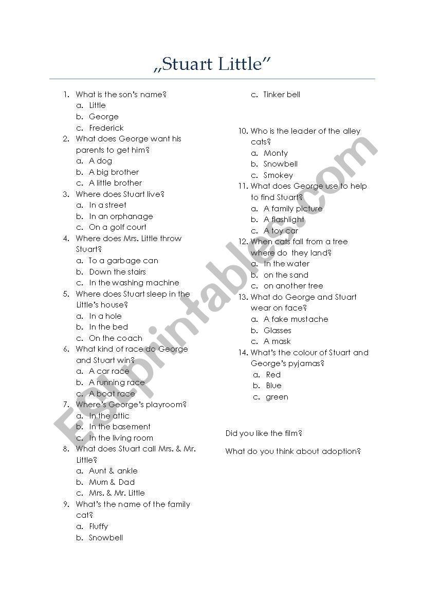 Stuart Little film quiz worksheet