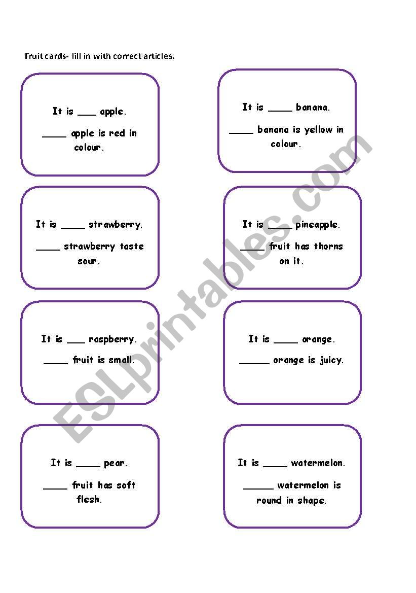 Fruits Card to learn articles worksheet