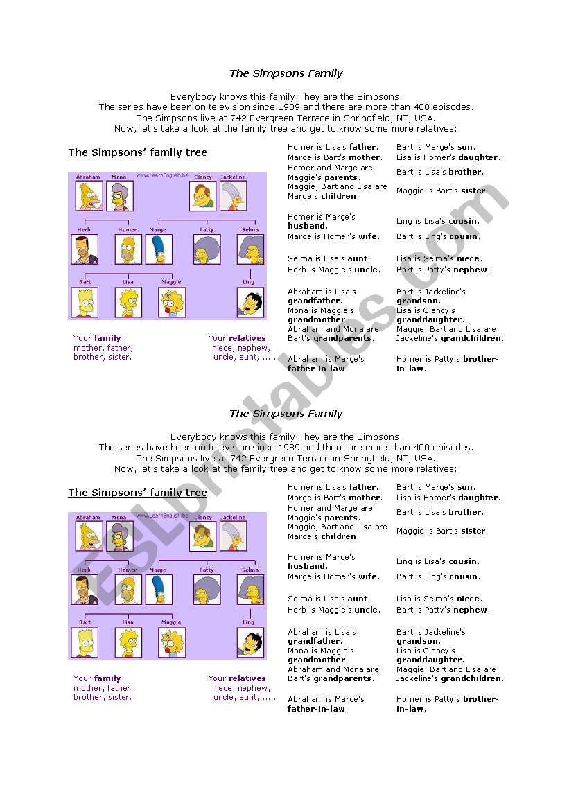 the simpons family tree worksheet