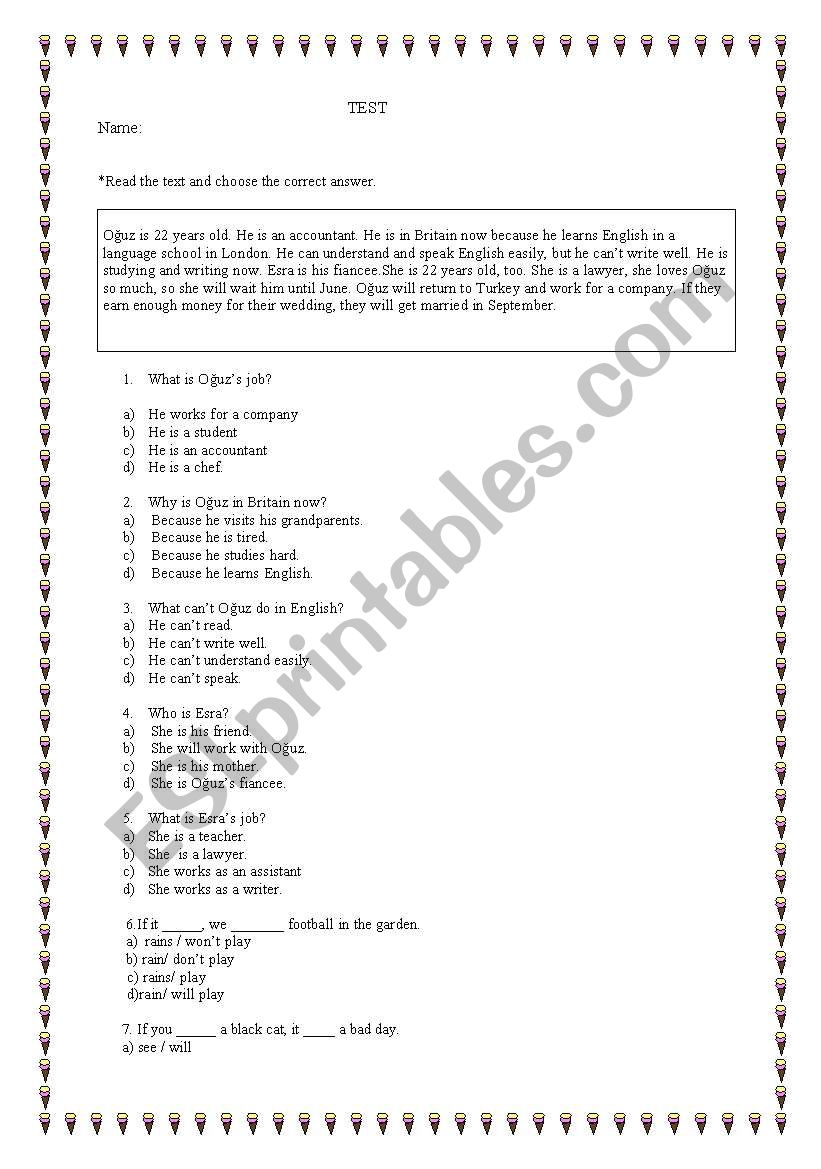 a reading test with multiple choice
