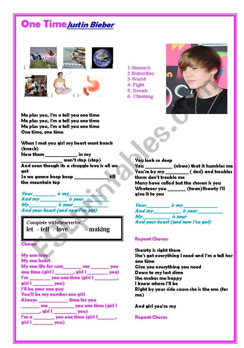 On Time- Justin Bieber song worksheet