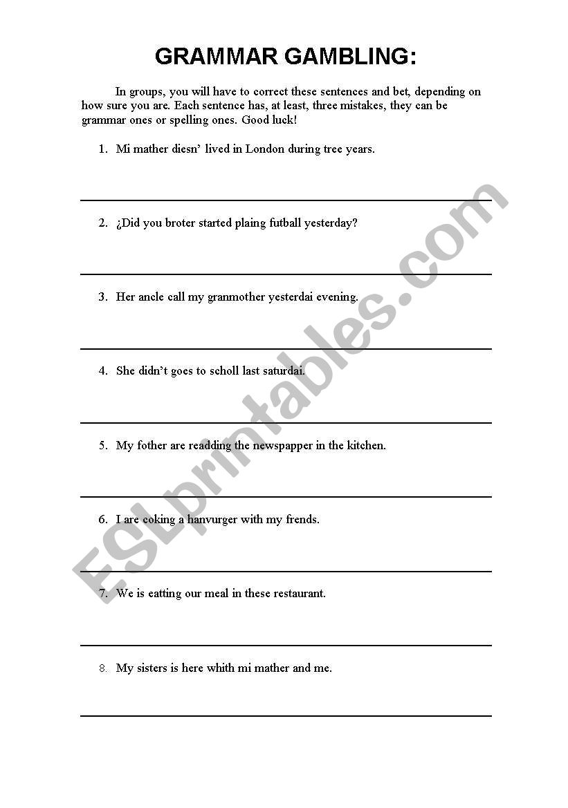 Grammar gambling worksheet