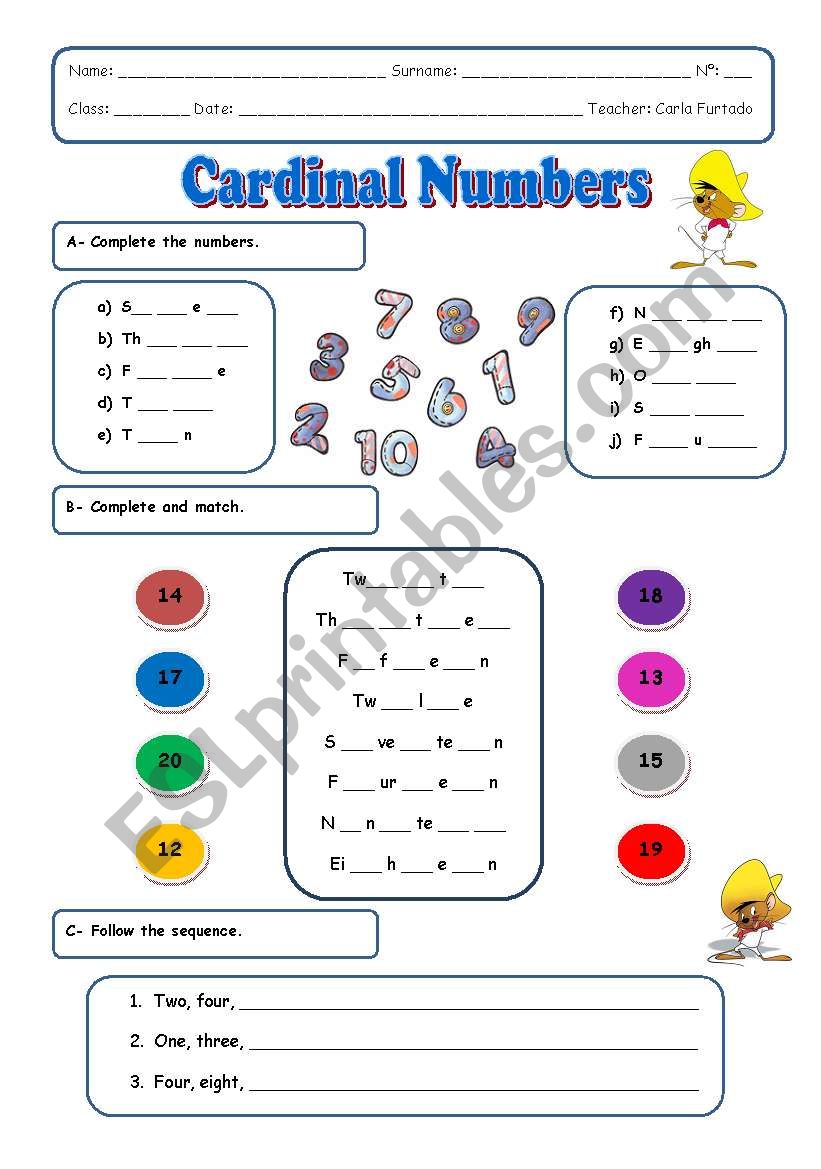 cardinal numbers 1 20 esl worksheet by achadinha