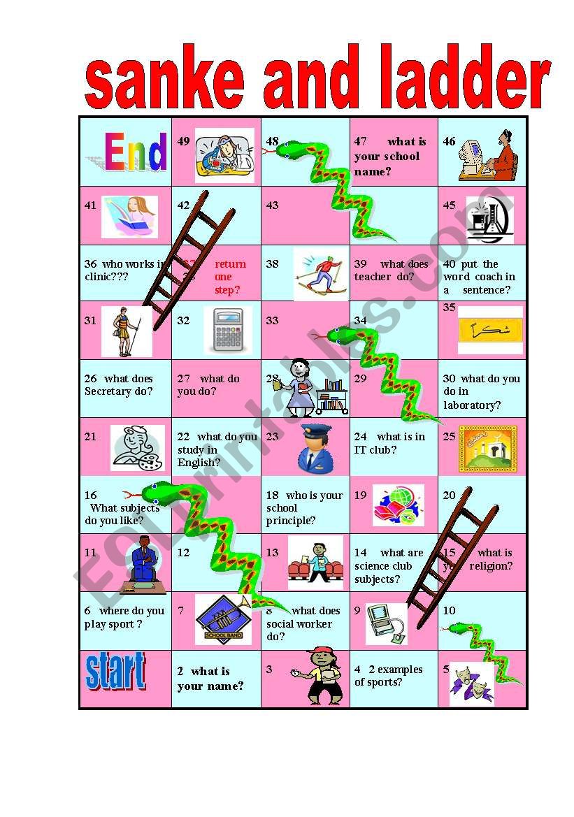 school subject, places, and jobs in snake ladder