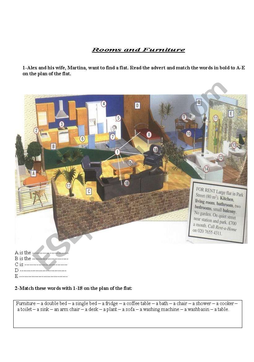 Rooms and furniture worksheet