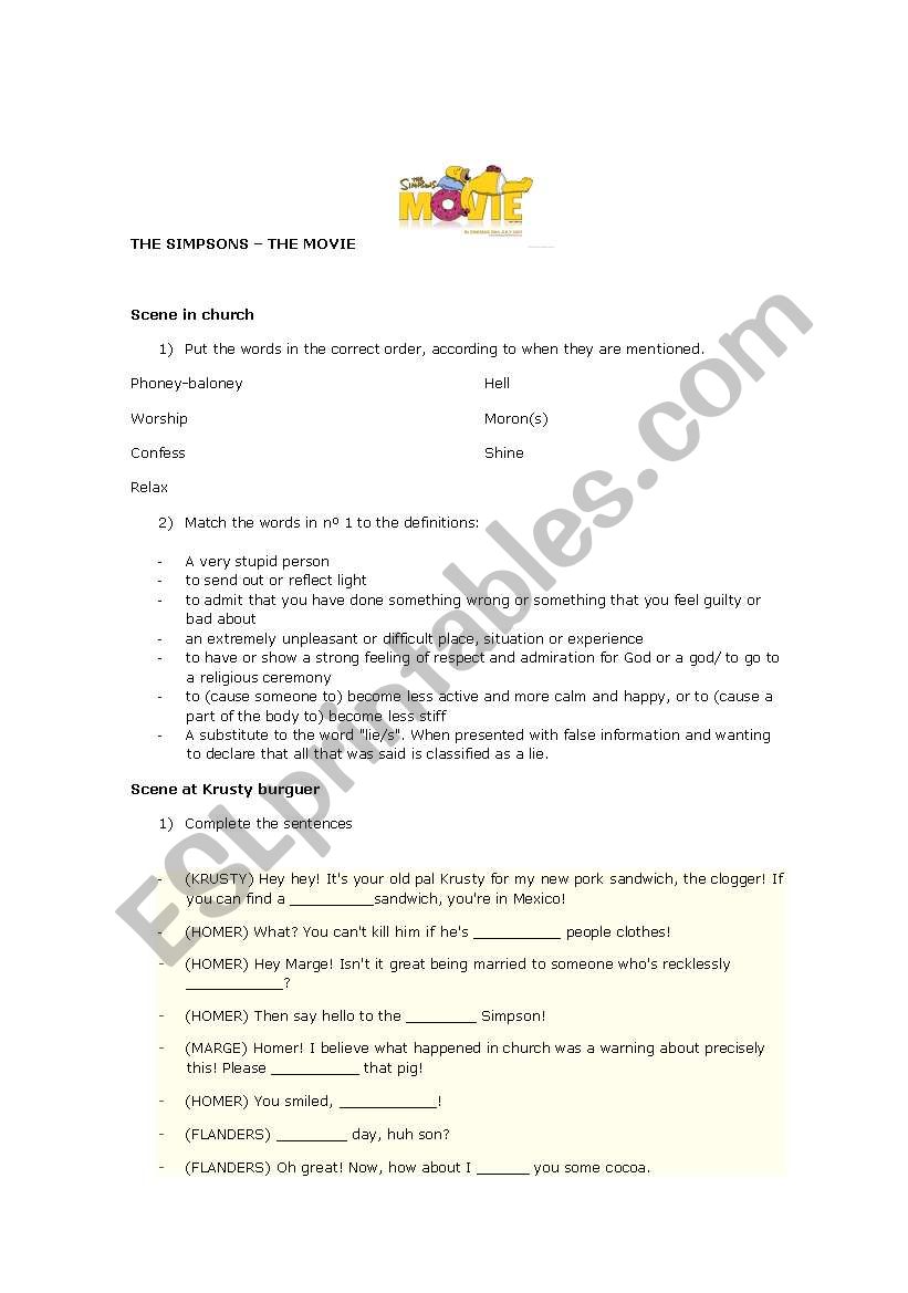 THE SIMPSONS MOVIE worksheet