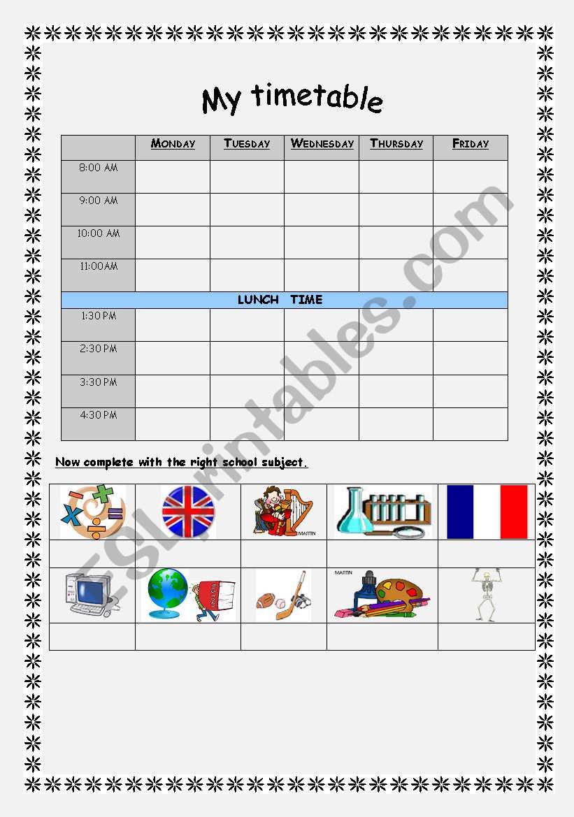 My timetable worksheet