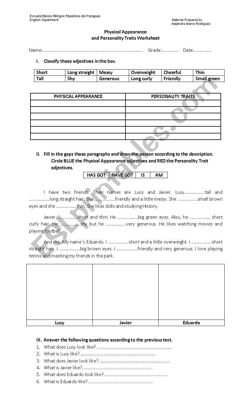 physical appearance worksheet