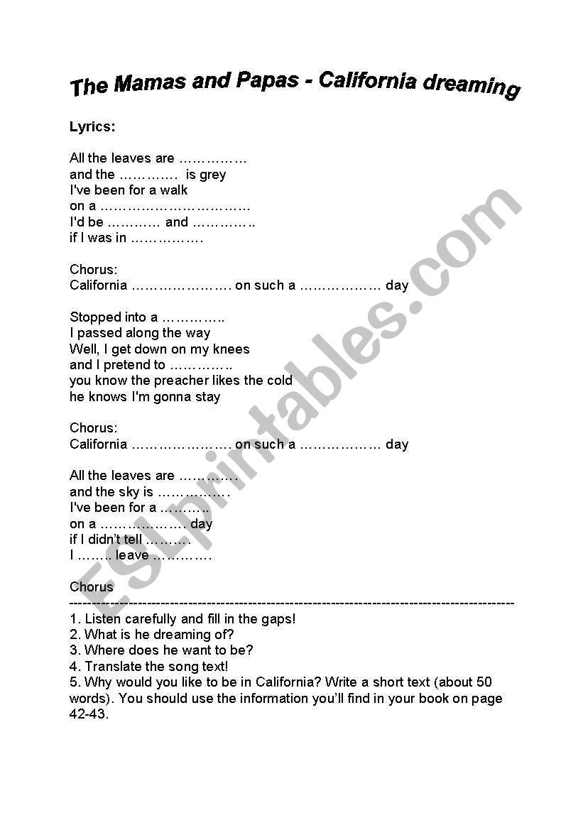 Song: California Dreaming worksheet