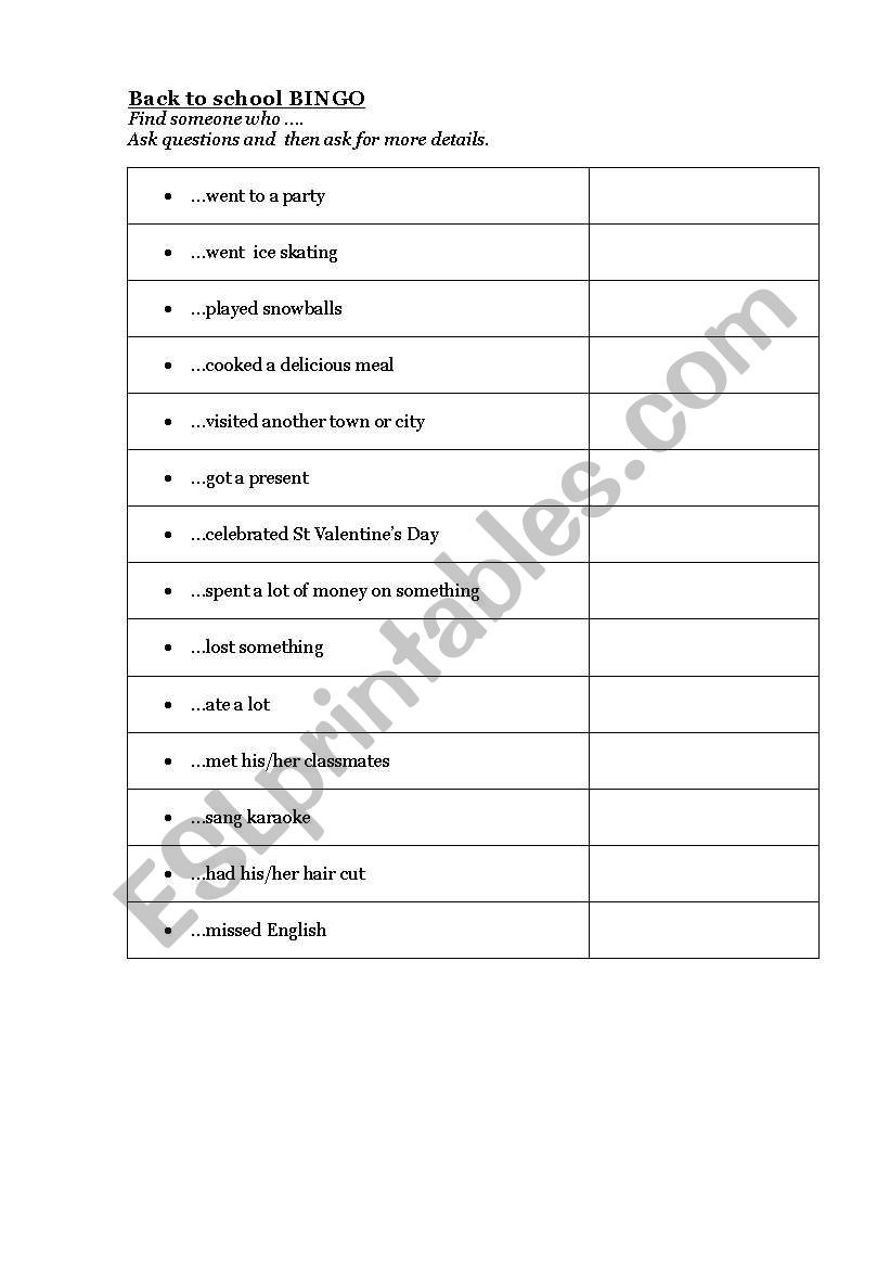 Back to school Bingo worksheet