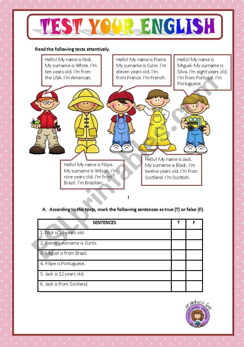 TEST YOUR ENGLISH BEGINNERS ESL Worksheet By Macomabi