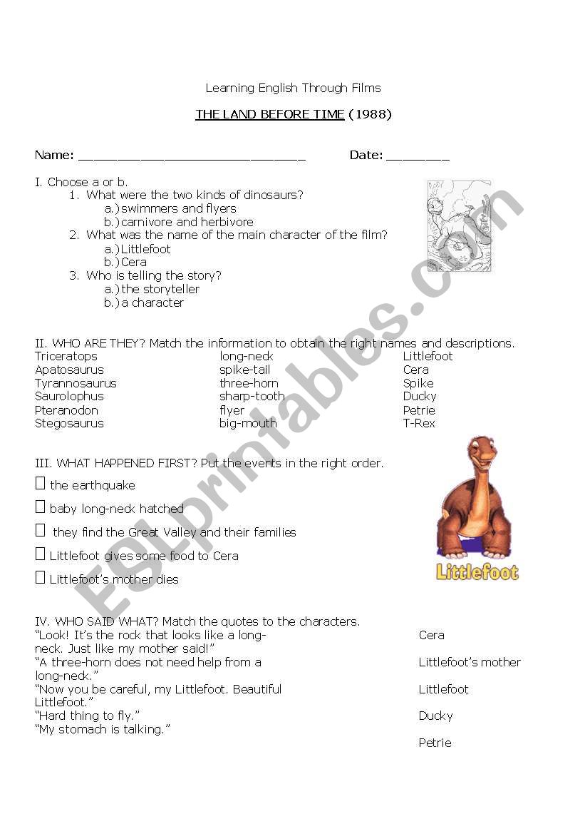 The Land Before Time worksheet