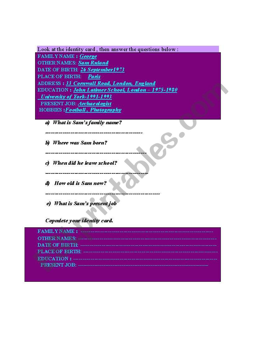 Identity card worksheet