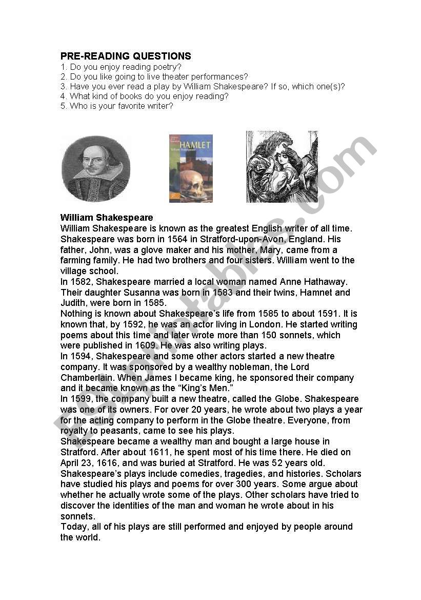 William Shakespeare  worksheet