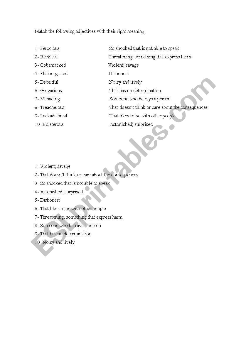 Difficult adjectives worksheet