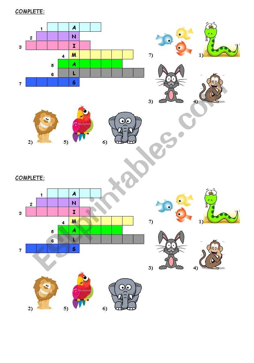 animals crosswords worksheet
