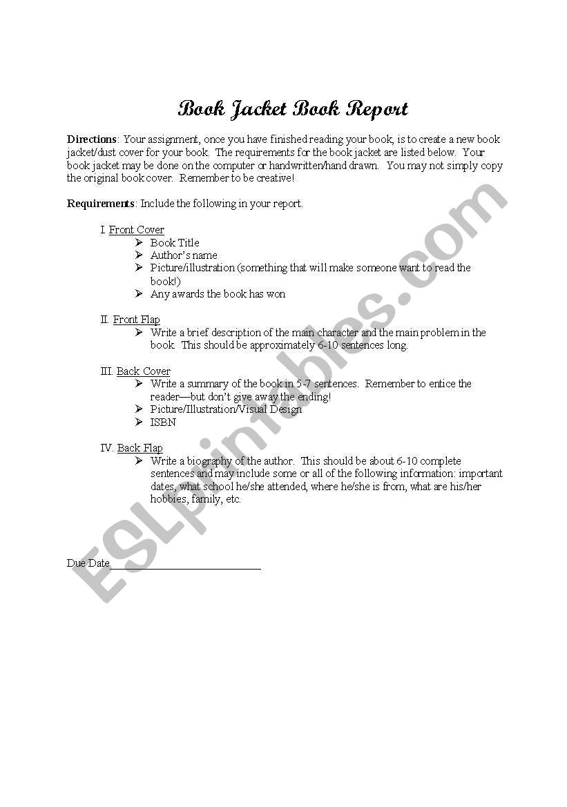 Book Jacket Book Report worksheet