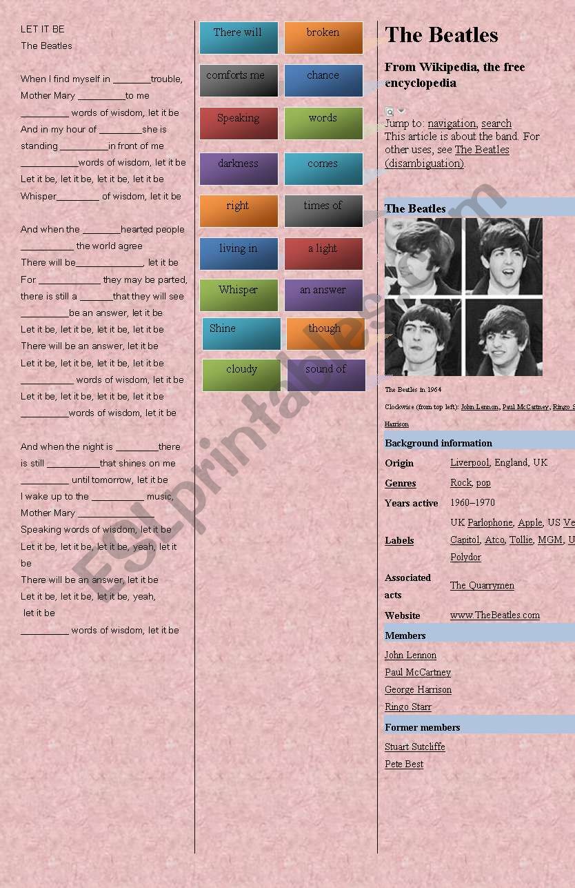 SONG: Beatles - LET IT BE worksheet