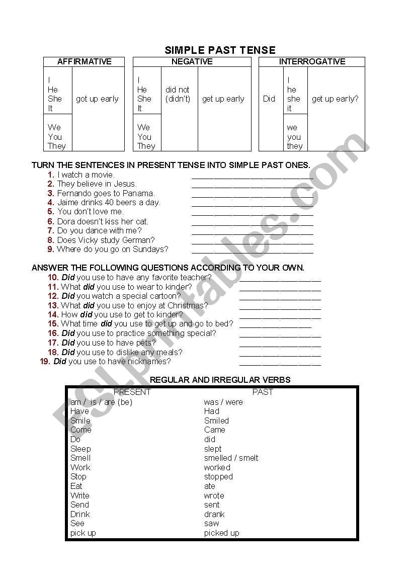 simple past tense, regular and irregular verbs