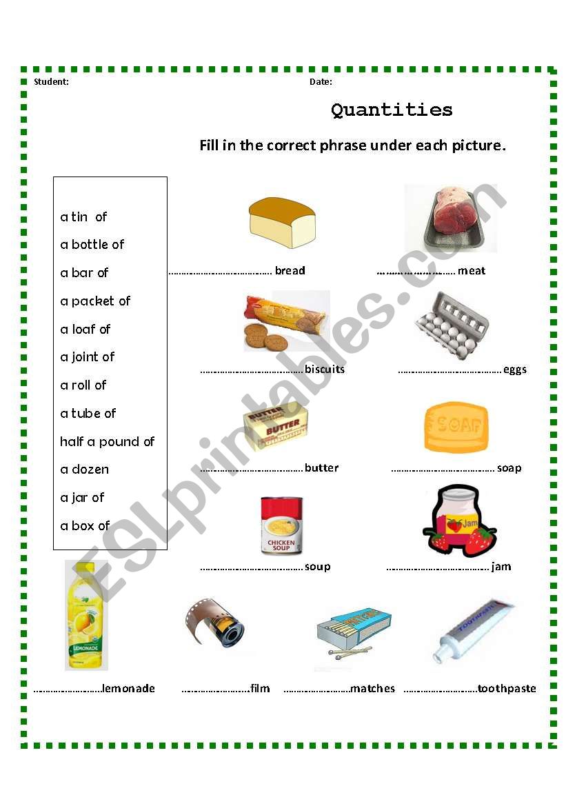 Quantities worksheet