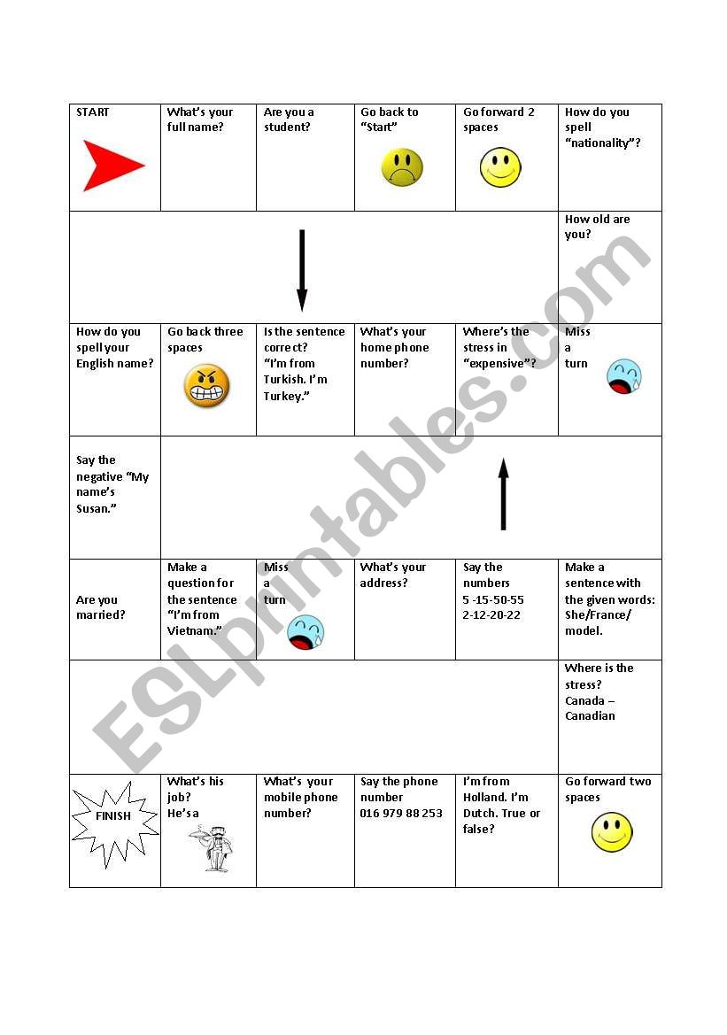 Boardgame worksheet