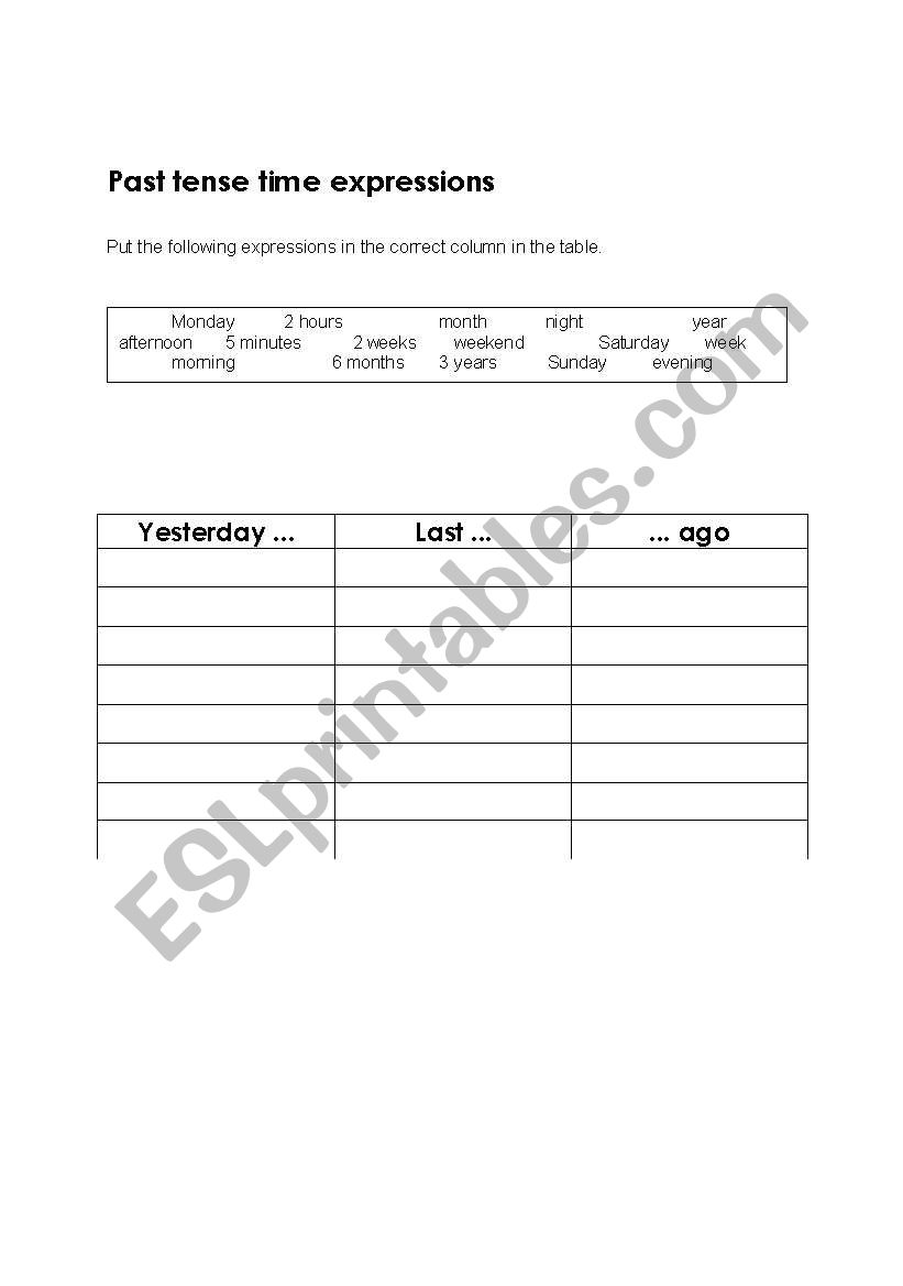 Past time expressions worksheet