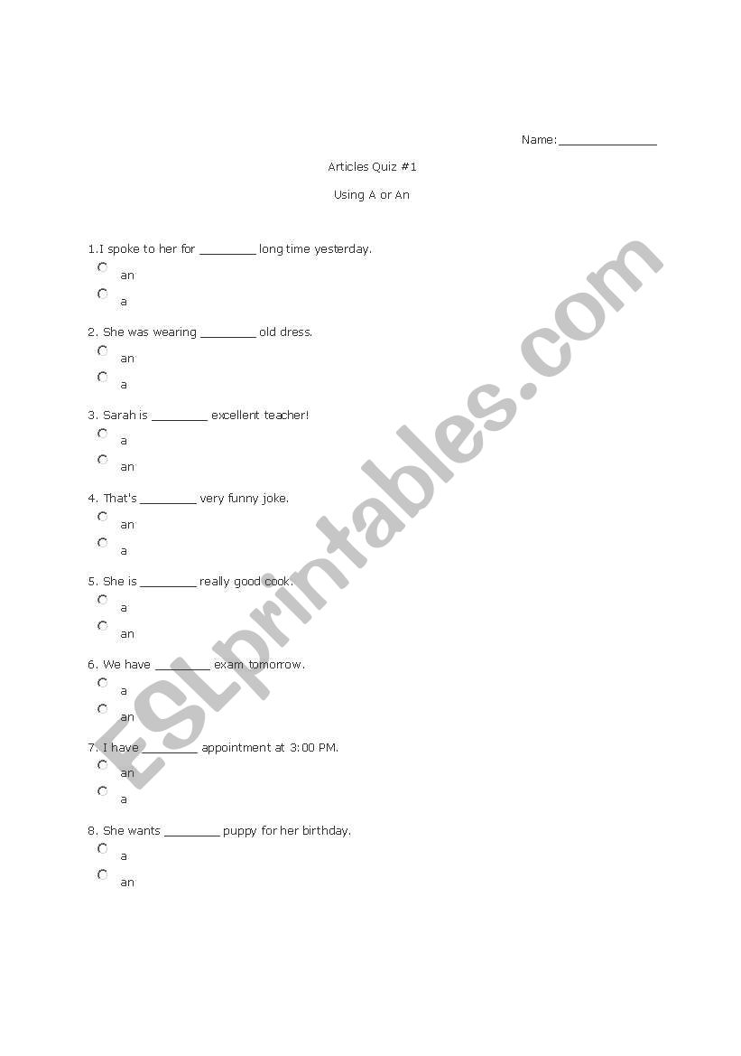  Articles Quiz Over A and An worksheet