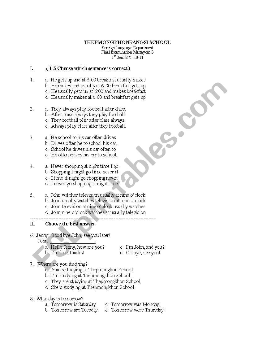 ESL Student-Exam Sheet worksheet