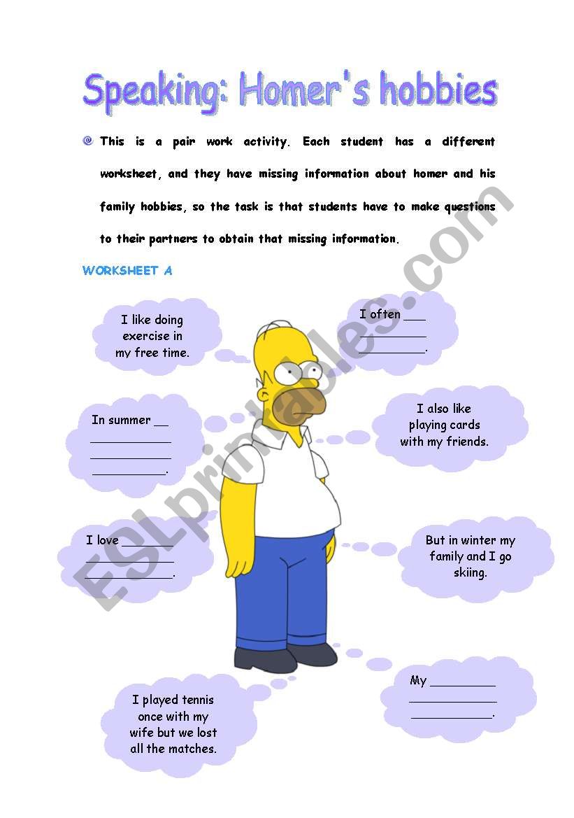 Speaking: Homers hobbies worksheet