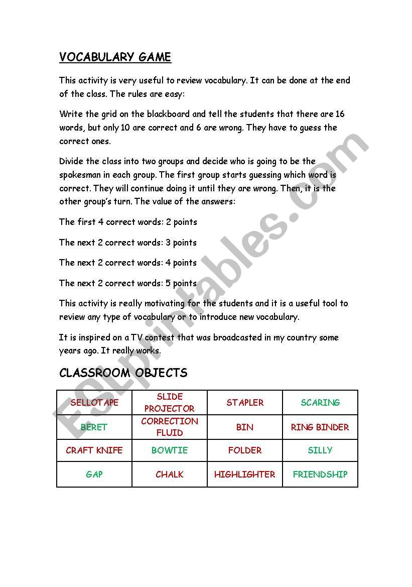 School Objects worksheet