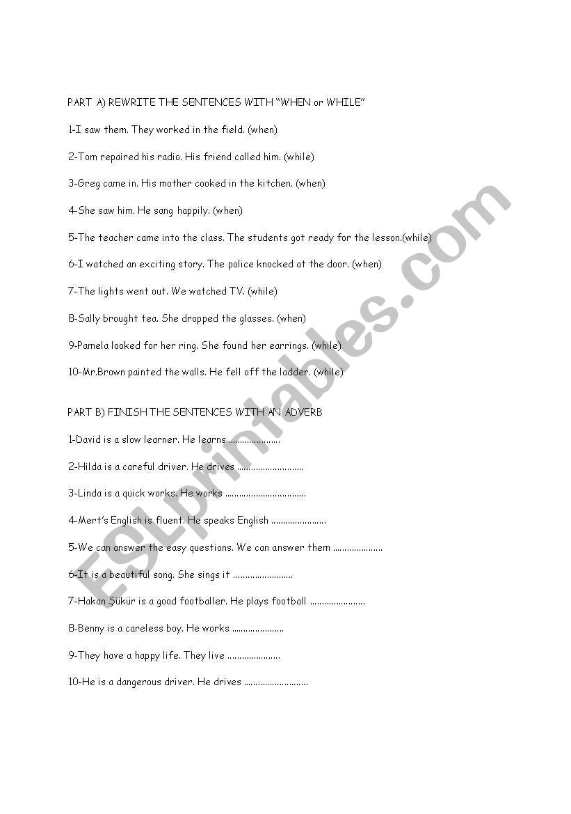 when-while,adjective-adverb? worksheet