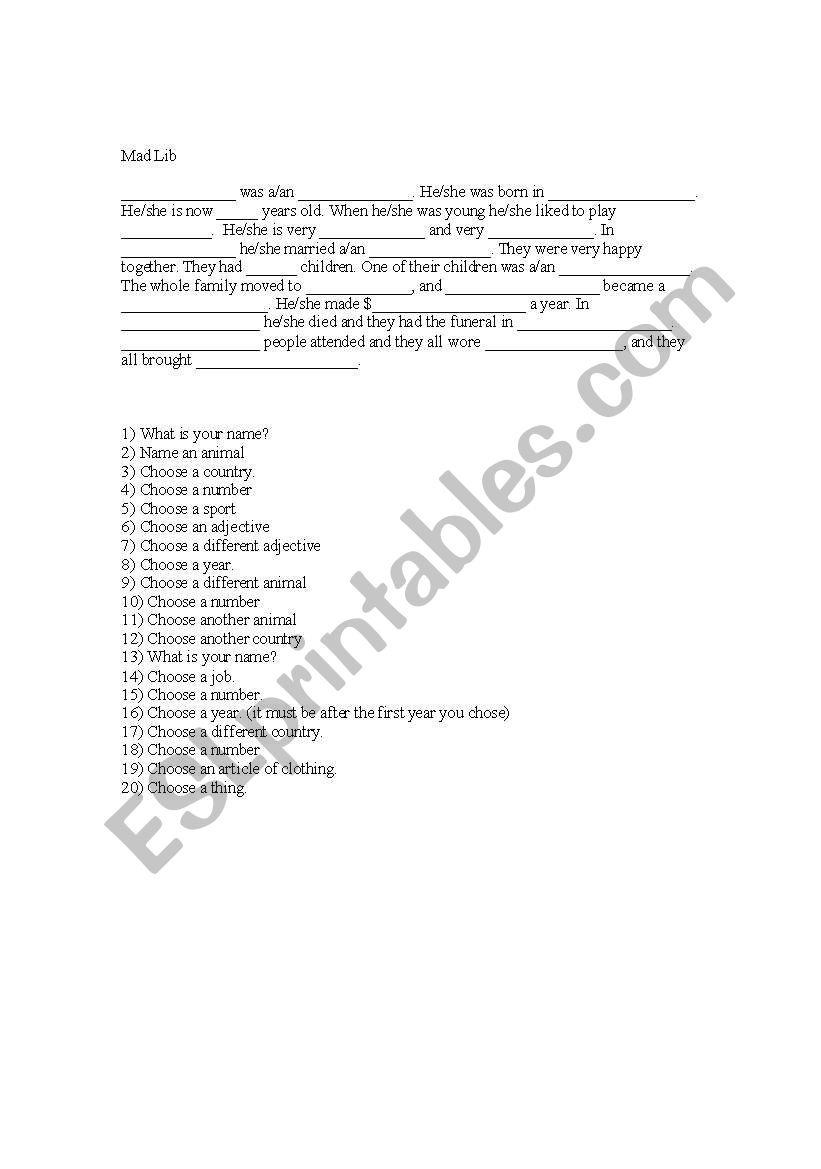 Mad lib worksheet