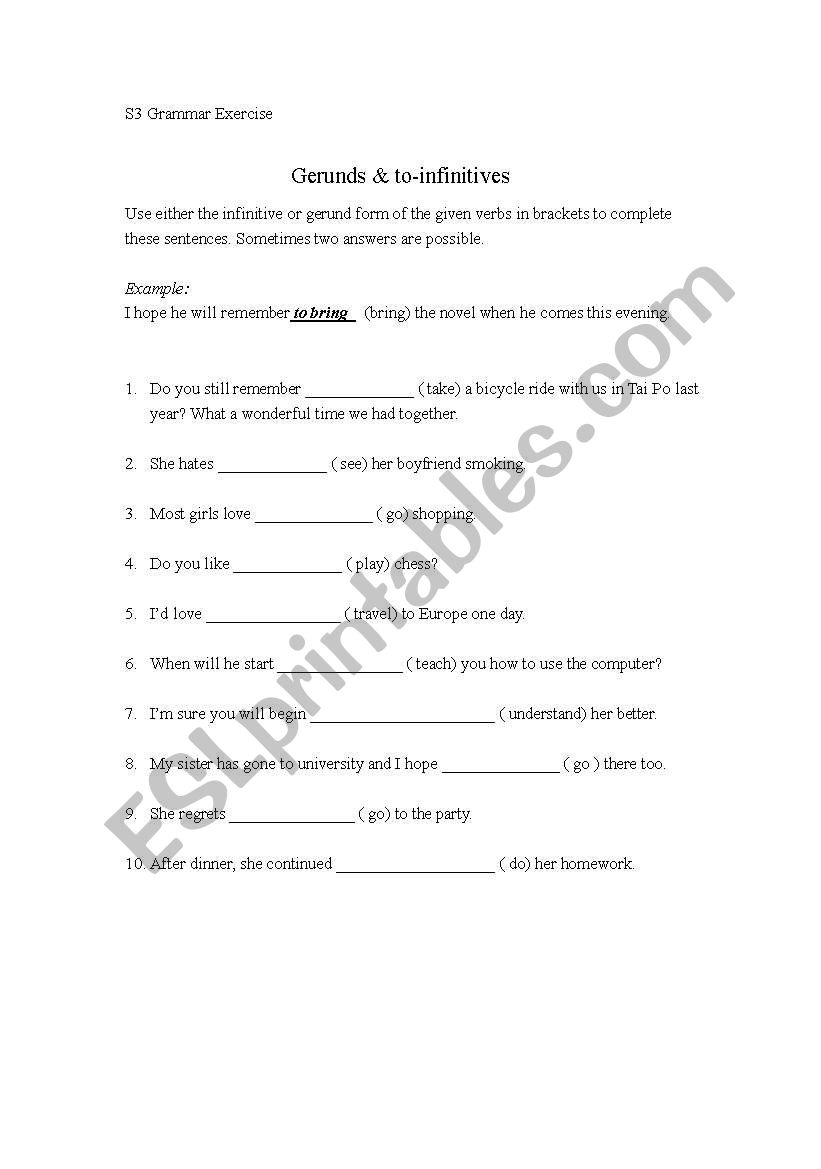 Gerunds and Infinitives Worksheet 