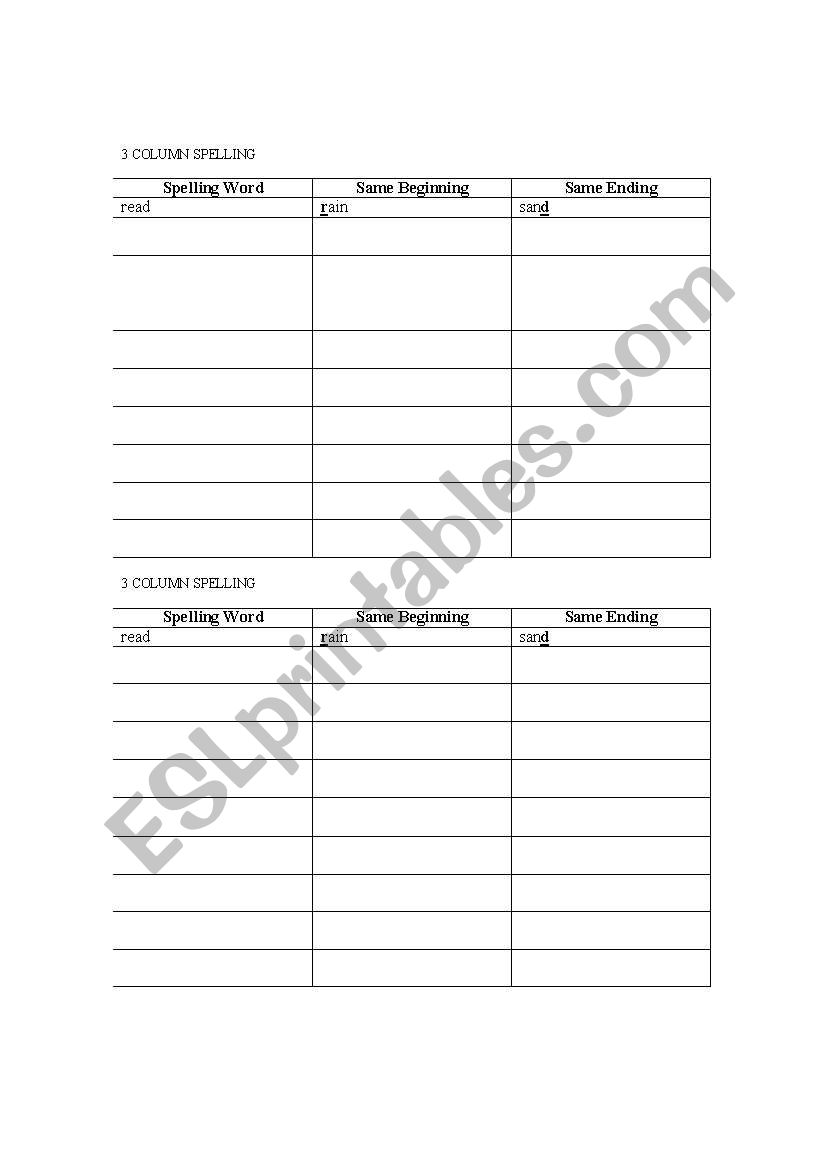 3 column Spelling worksheet