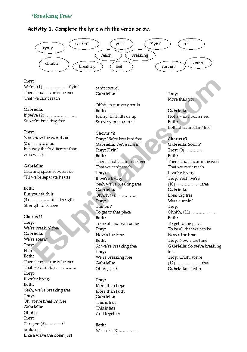 Breaking free - a song worksheet