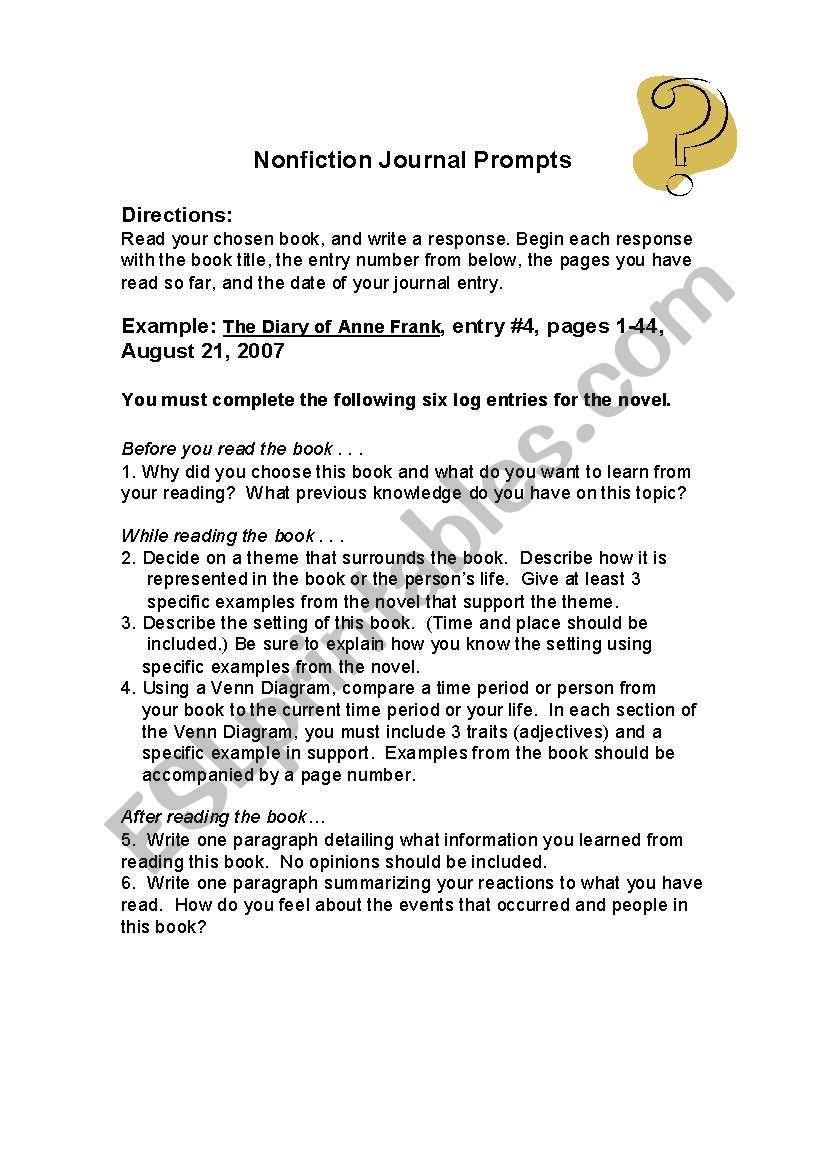 NonFiction Journal Prompts worksheet