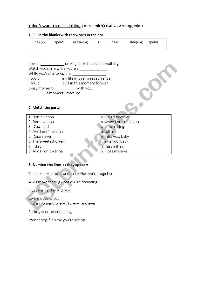 Song worksheet:  I dont want to miss a thing - Aerosmith