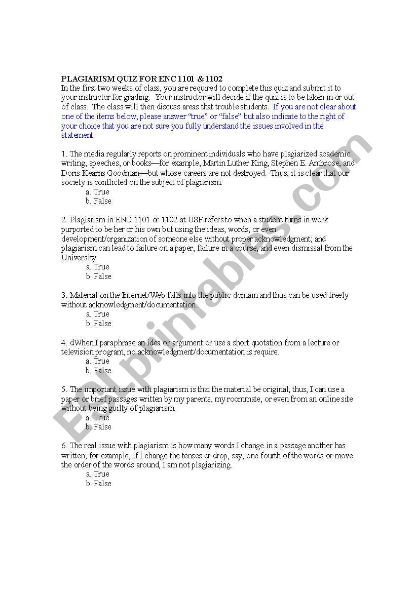 Plagiarism Quiz worksheet