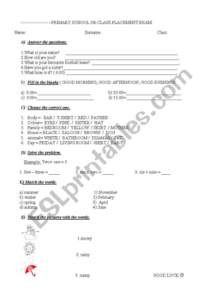 5th Class placement test worksheet