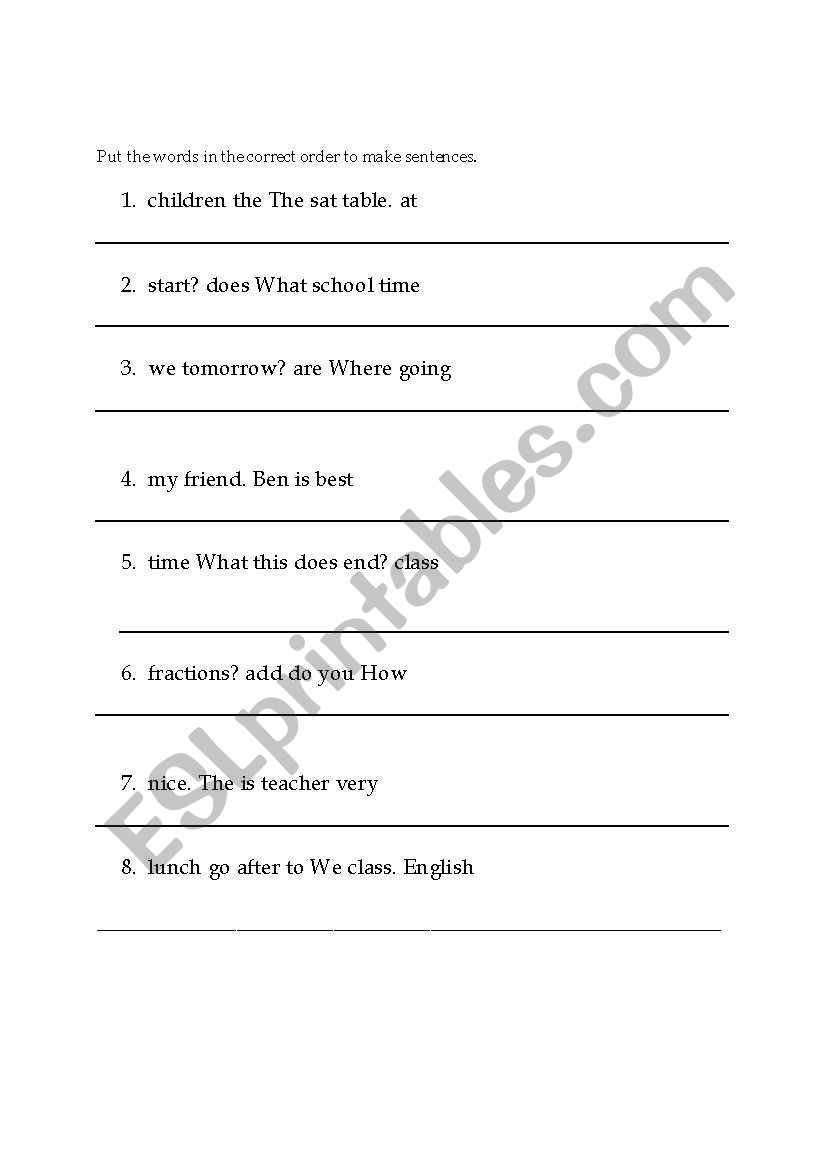 Simple Sentence Word Order worksheet