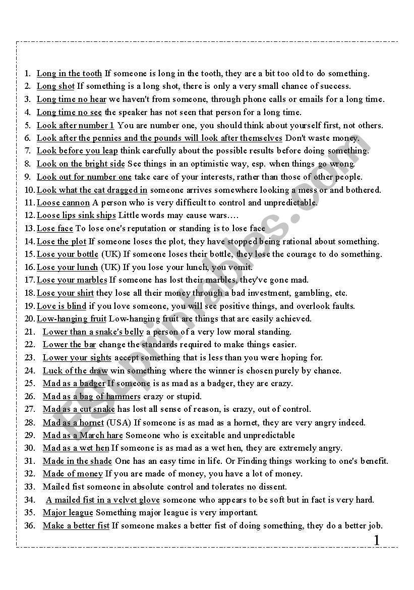 idioms worksheet