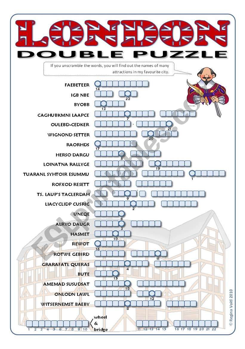 London attractions double puzzle (Millennium Wheel/Bridge - Globe Theatre)