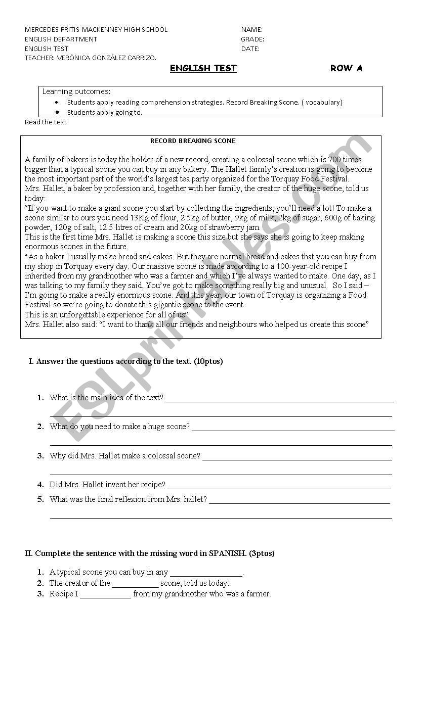 Reading comprehension worksheet