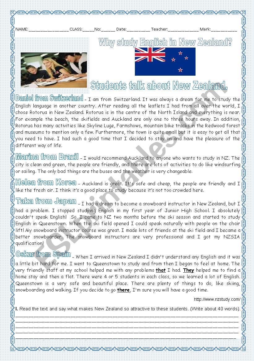 TEST -A TOUR AROUND ENGLISH SPEAKING COUNTRIES - STUDENTS TALK ABOUT NEW ZEALAND-READING+LANGUAGE WORK+WRITING