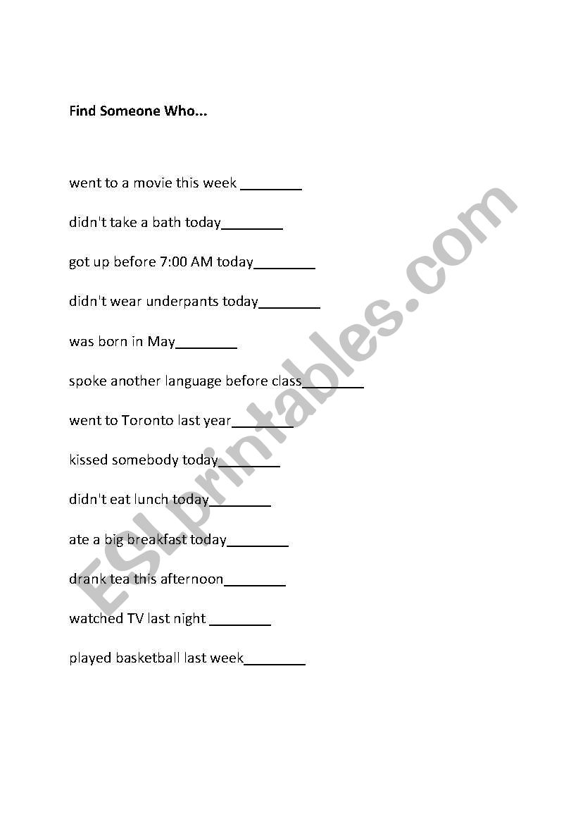 Find Someone Who / warm-up worksheet