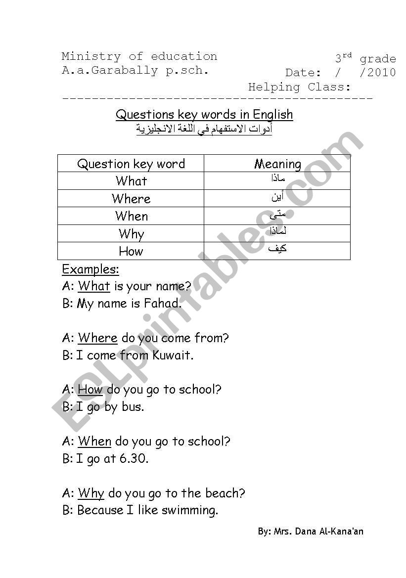 Questions key words worksheet