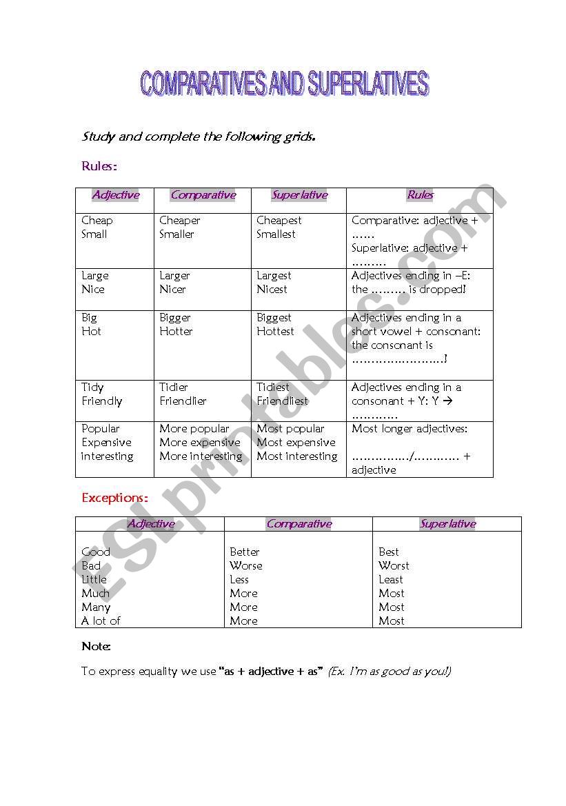 comparatives and superlatives worksheet