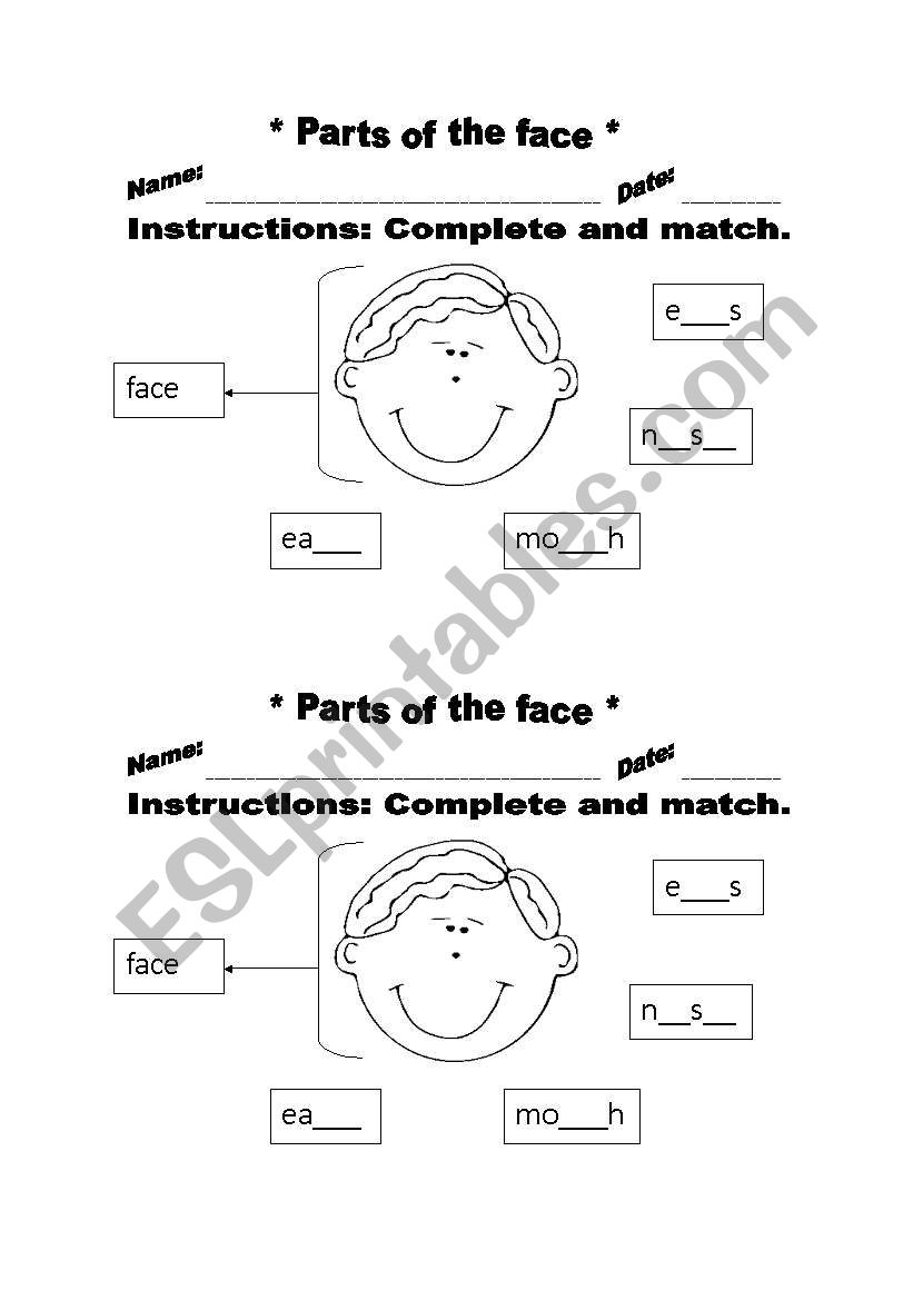 Parts of the face worksheet