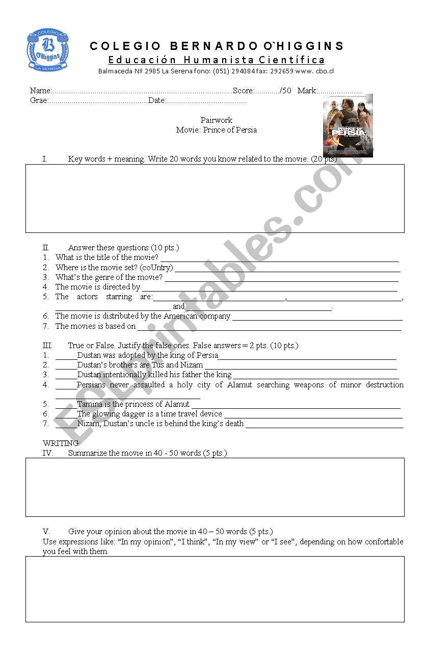 PRINCE OF PERSIA MOVIE WORKSHEET