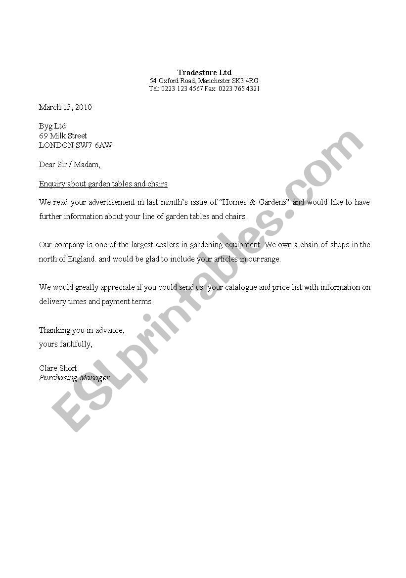 LETTER OF ENQUIRY worksheet